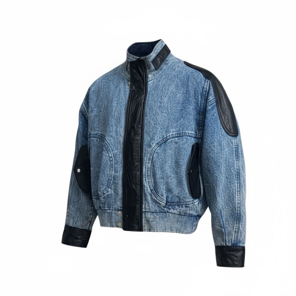 Vintage Women’s Diamond Denim And Leather Acid Wash Jacket Size Large